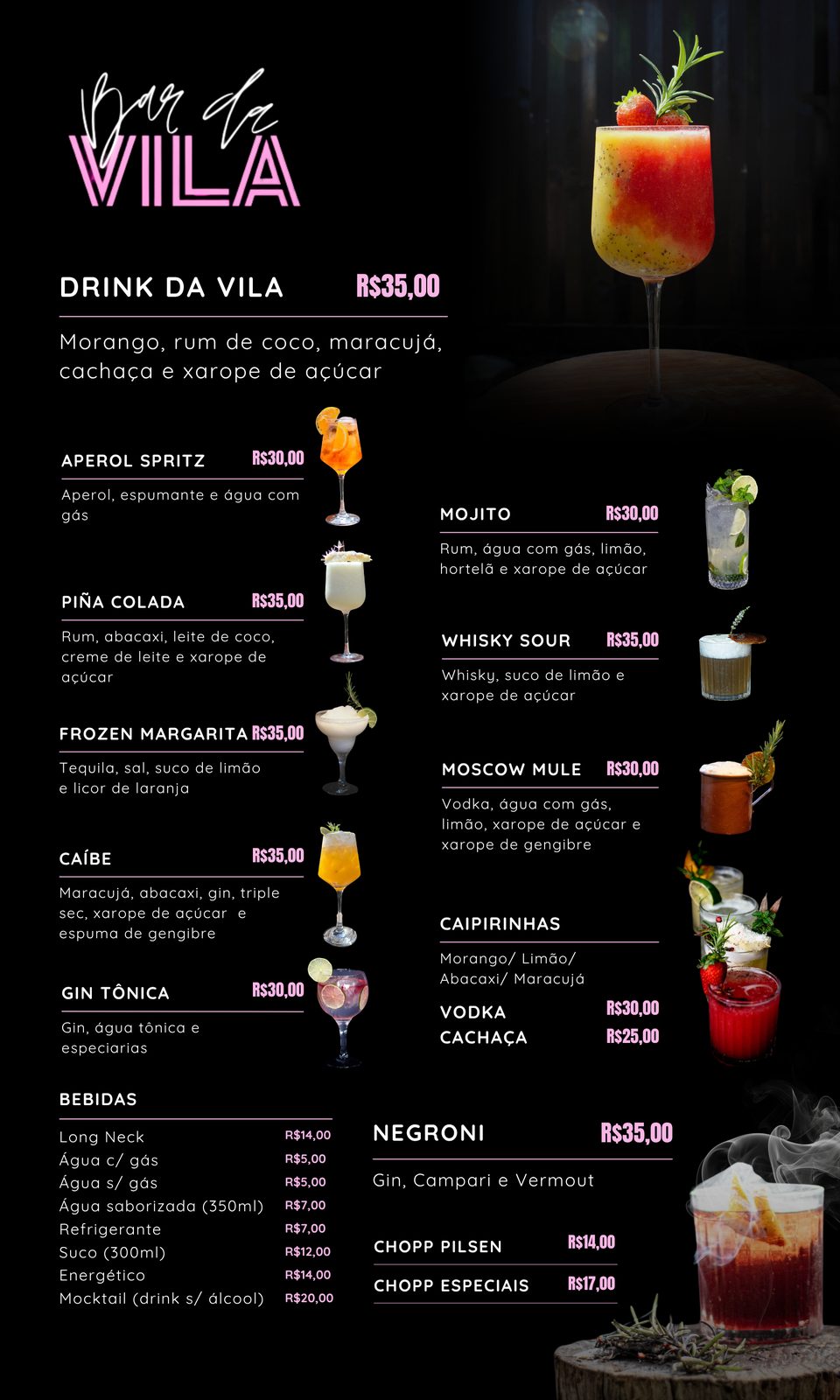 Cardápio impresso Bar da Vila