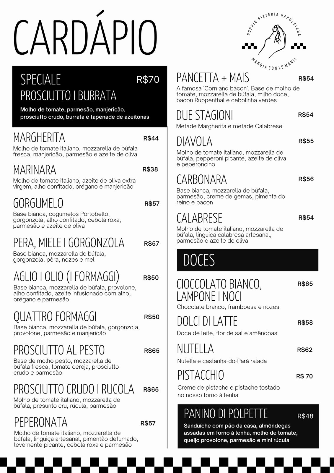 Cardápio impresso Doppio Pizzeria